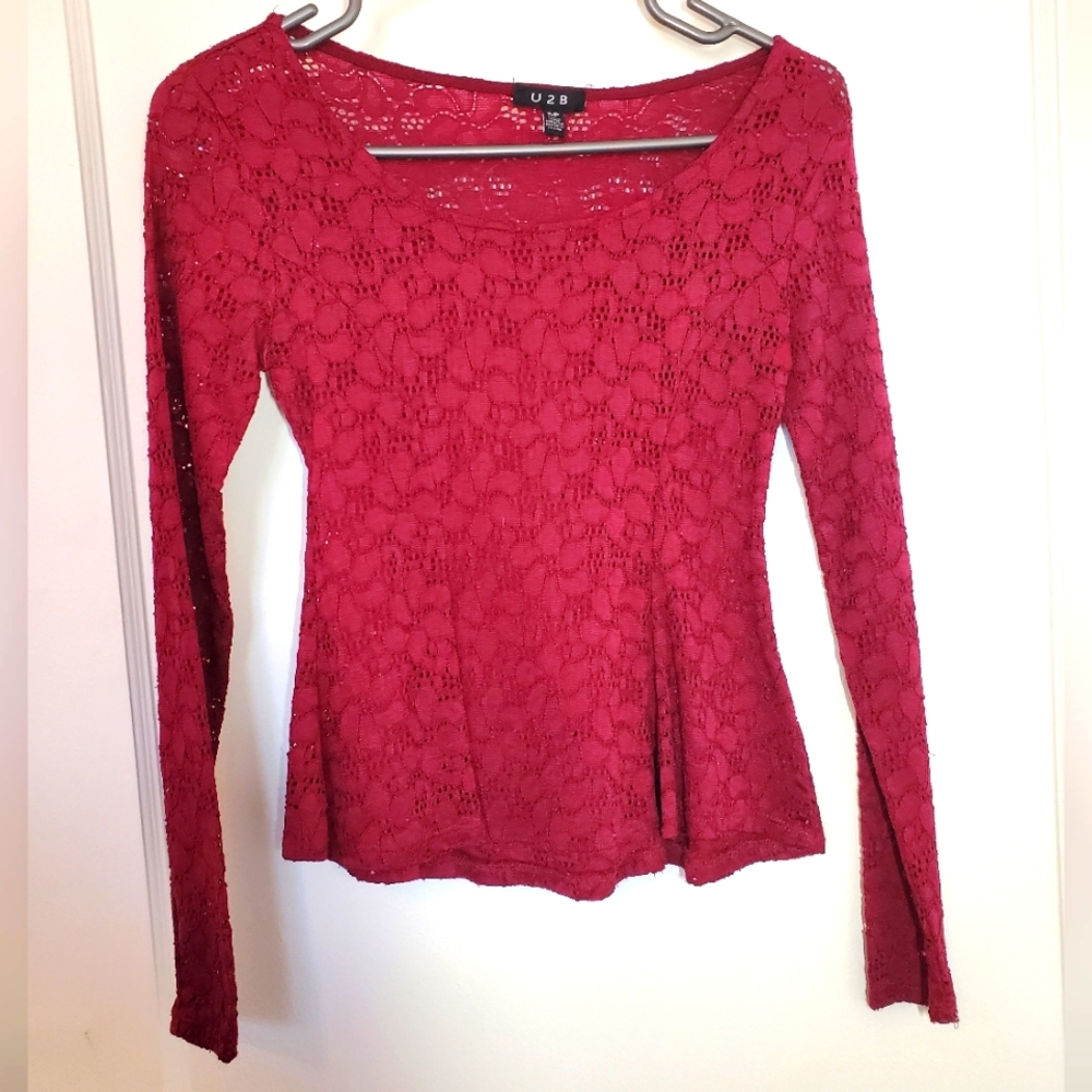 Burgundy Lace Sheer Long Sleeve Top Size S (Fits like XS)